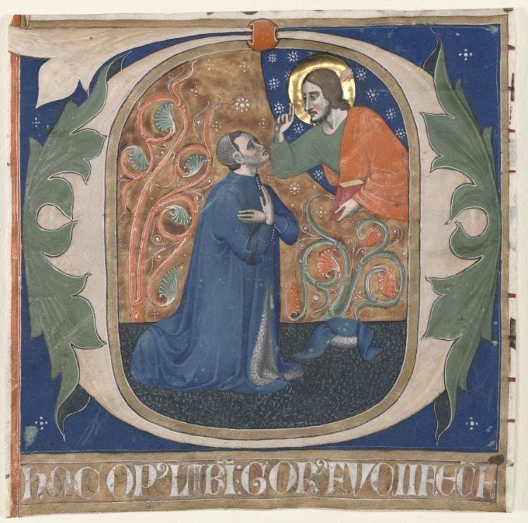 Historiated Initial (O) Excised from an Antiphonary: The Donor, Gorus Fucci, Kneels before Christ (c. 1300–1350)