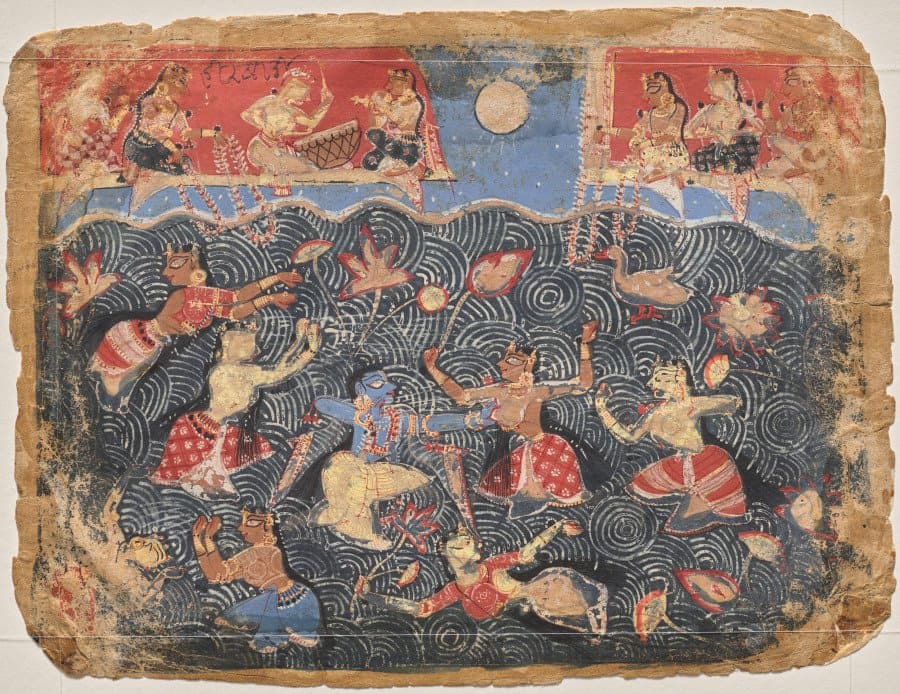 Krishna sporting with the gopis in the Jumna River, from a Bhagavata Purana (c. 1525–40)