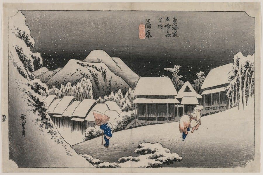 Evening Snow at Kambara (number sixteen of the series Fifty-three Stations of the Tokaido) (1833)
