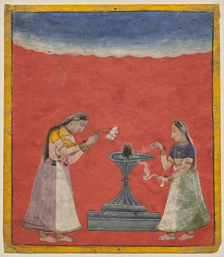 Women worshiping a Shiva linga: Devagandhari Ragini of Hindol Raga, from a Ragamala (c. 1700)