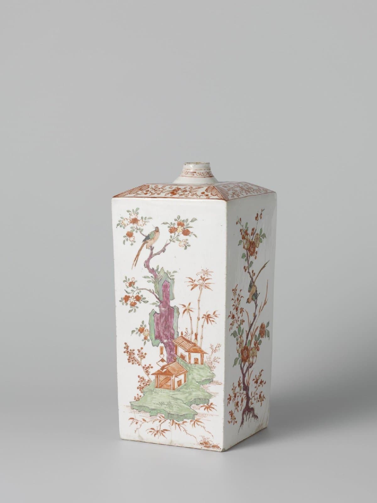 Square bottle with birds, flowering plants and pavilions