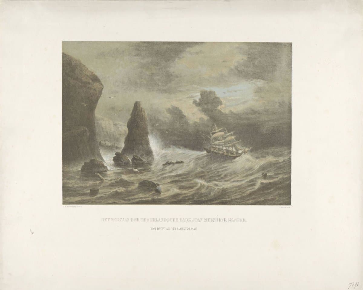 Het vergaan der Nederlandsche bark Joan Melchior Kemper. Voor den ingang der baai van Nagasaki