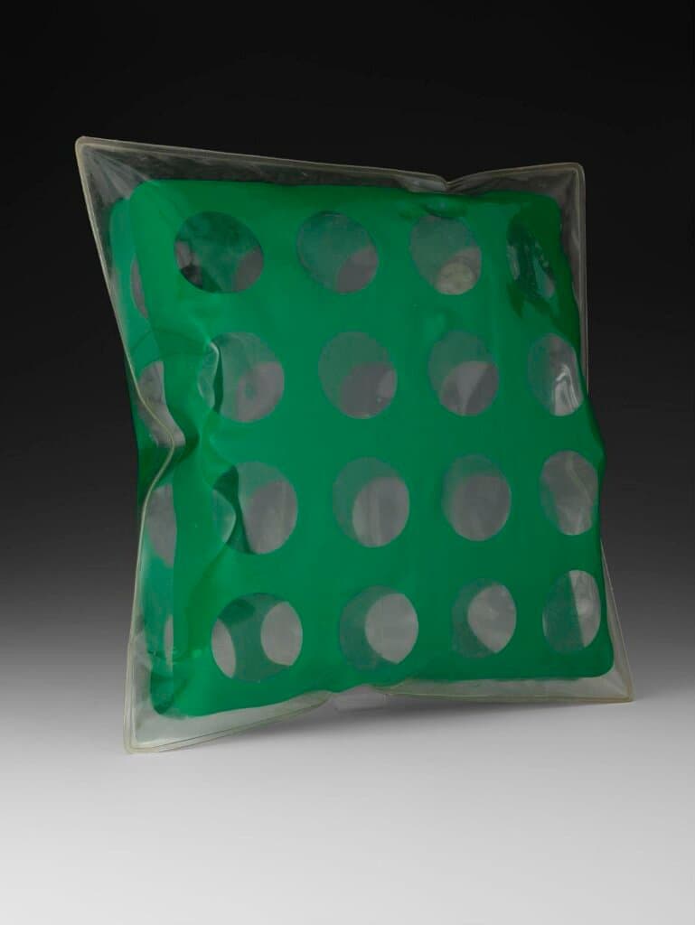 Green inflatable PVC pillow with circles (1967)