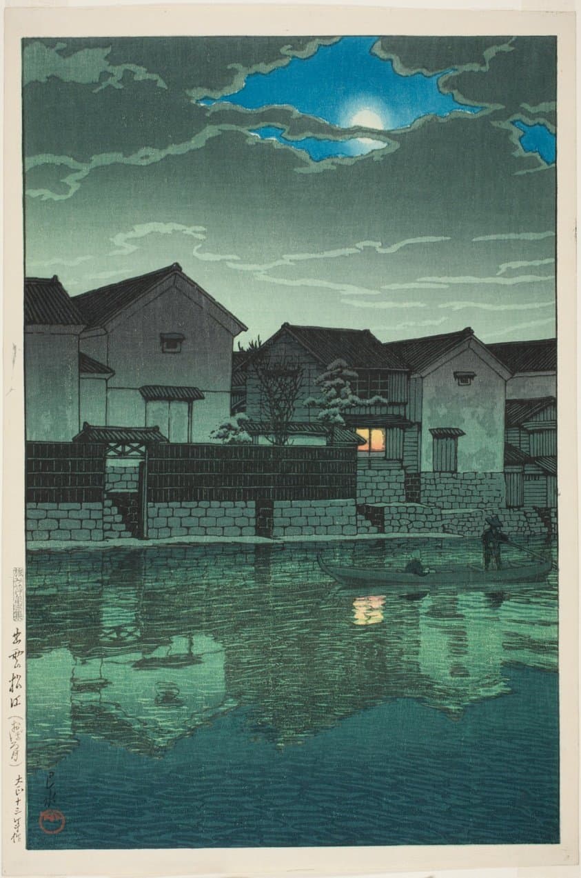 Misty Moonlight at Matsue in Izumo Province (Izumo Matsue [oborozuki]), from the series "Souvenirs of Travel, Third Series (Tabi miyage dai sanshu)" (1924)