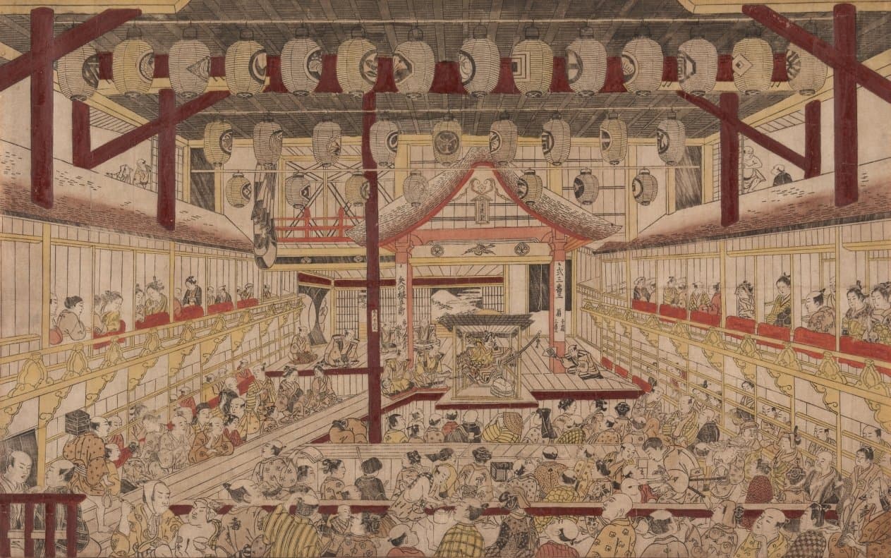 Perspective View of the Interior of the Nakamura Theater with Ichikawa Ebizo II as Yanone Goro (1740)