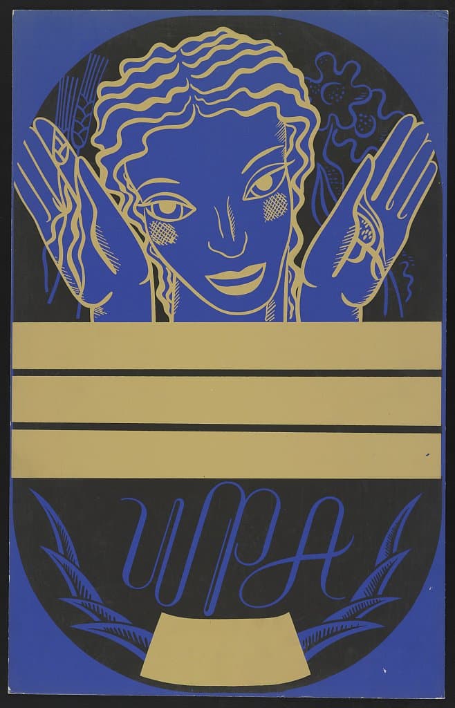 [WPA poster design on blue background showing the head and hands of a woman holding flowers and wheat above a blank banner] (1936-01-01)
