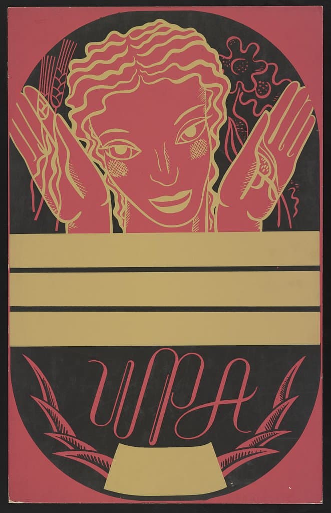 [WPA poster design on red background showing the head and hands of a woman holding flowers and wheat above a blank banner] (1936-01-01)