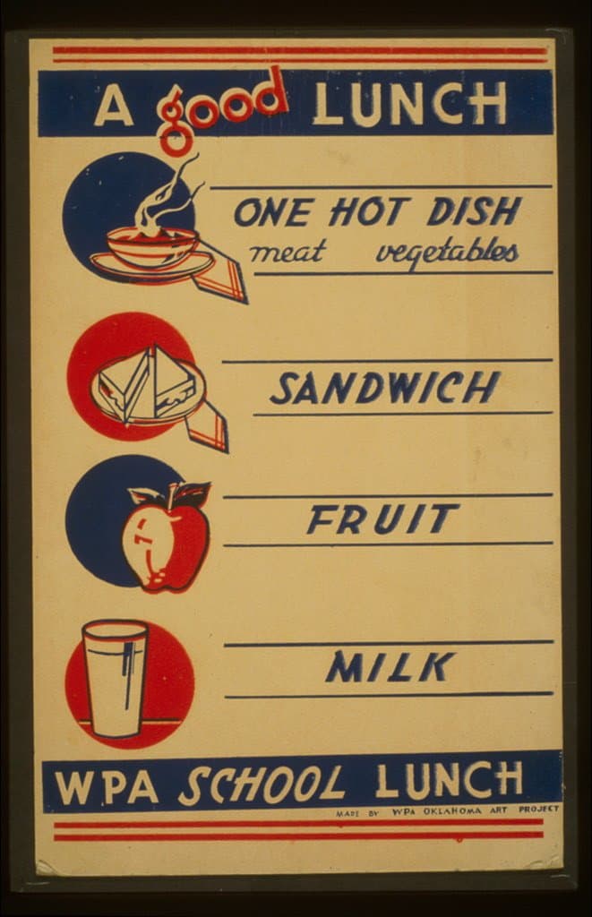 A good lunch - one hot dish, meat, vegetables - sandwich - fruit - milk WPA school lunch. (1936-01-01)