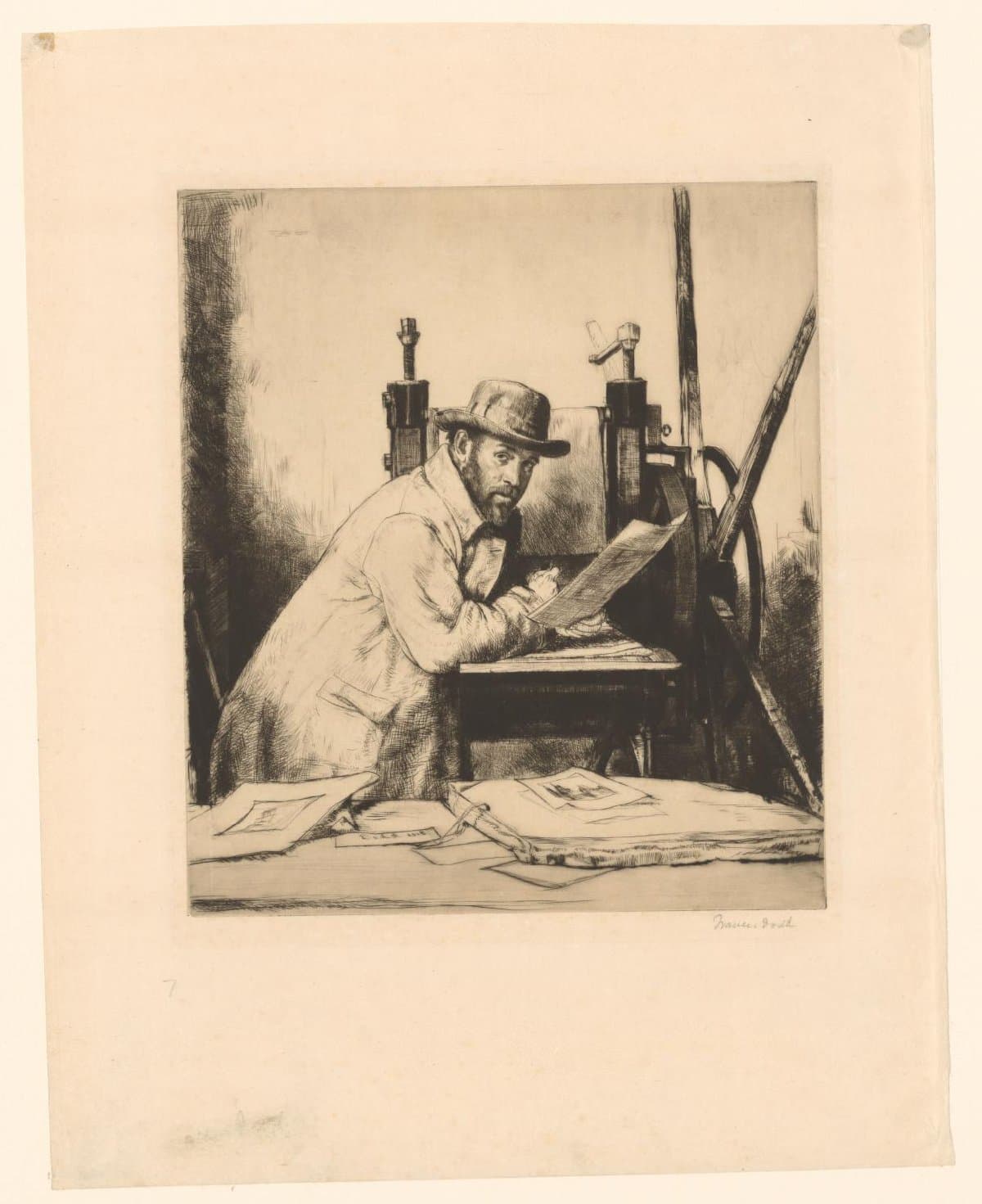 Portret van Muirhead Bone leunend op een etspers